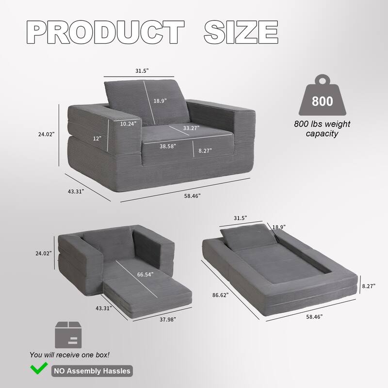 Compression Human Dog Sofa Bed, 3-in-1 Corduroy Floor Couch with Pillow, Folding Lounger for Adults & Pets