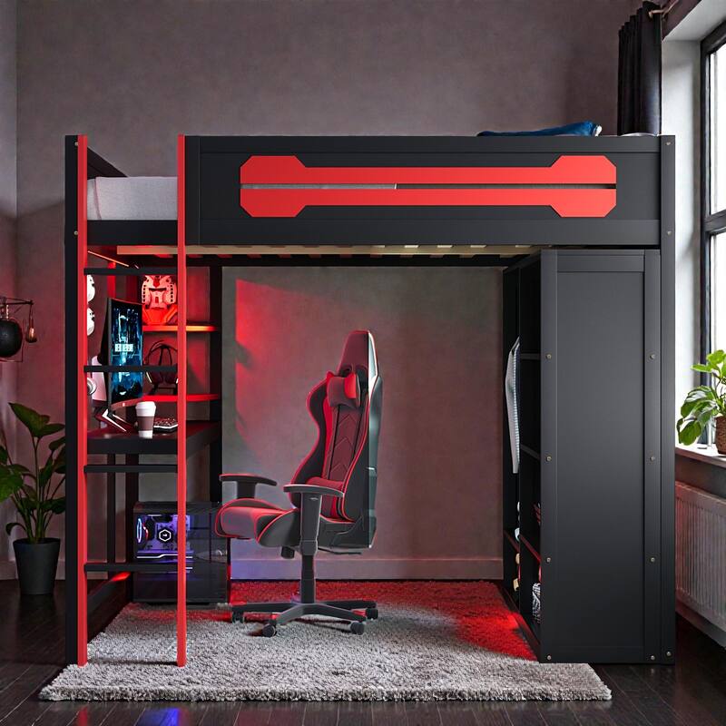 Full Size Wood Loft Bed with Desk, Open Wardrobe and Shelves, RGB LED Light, USB Ports and Power Outlets