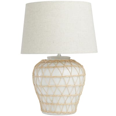Ceramic Geometric Woven Rattan Room Table Lamp with Linen Shade - White - Roche River Decor
