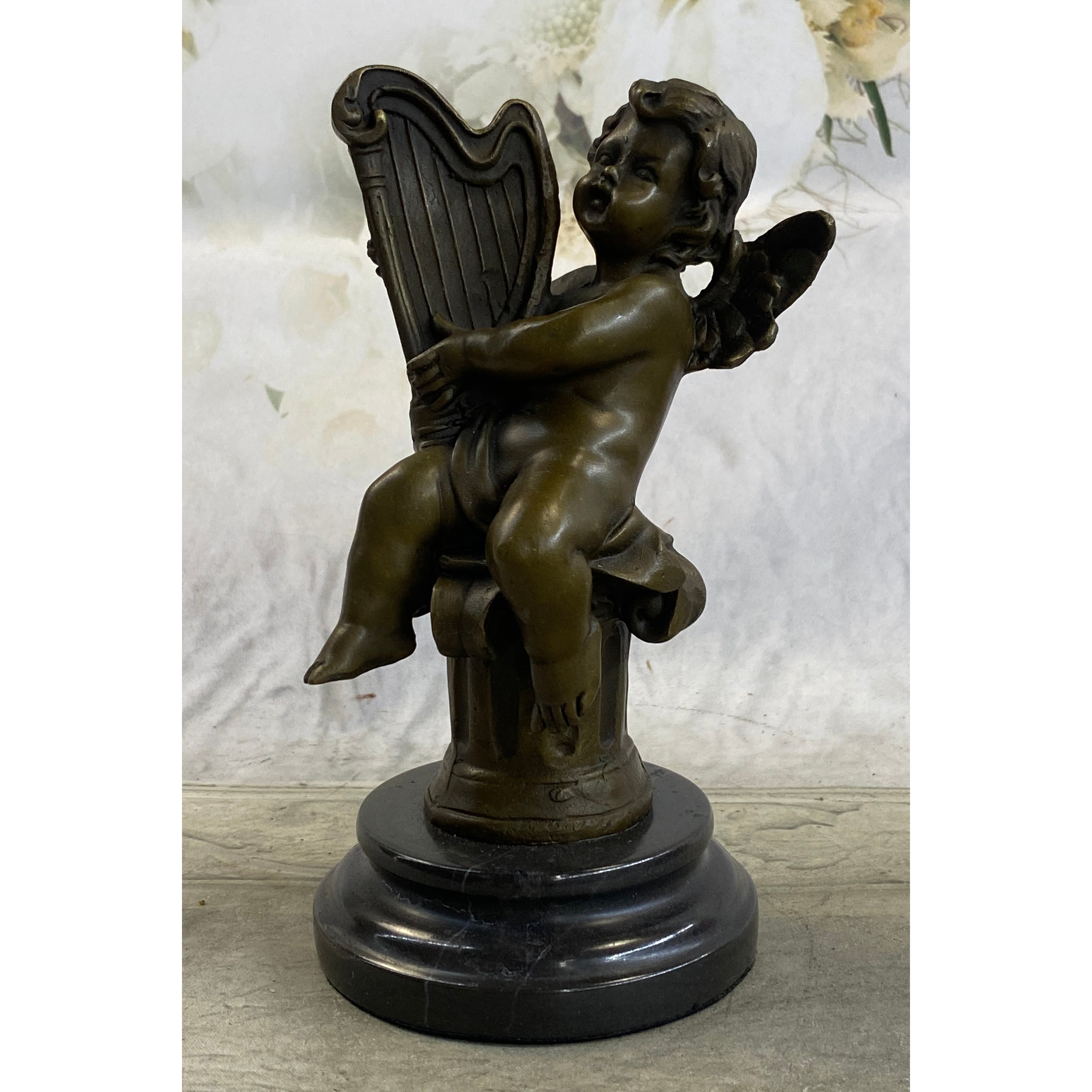 Bronze Cherub Playing Harp Cherubim Statue Sculpture Figure Moreau 8 Inches X 5 Inches