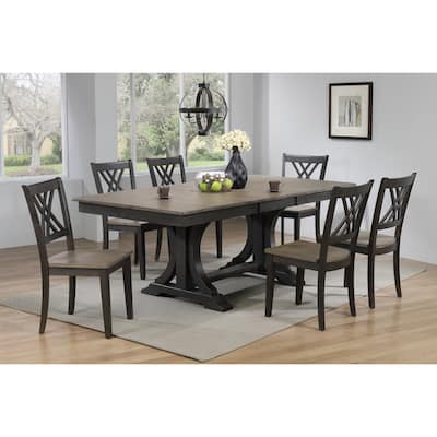42"x64"x82" Double Pedestal Deco Antique Grey Stone/Black Stone Double X-Back 7-Piece Dining Set