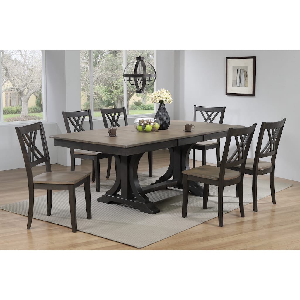 42"x64"x82" Double Pedestal Deco Antique Grey Stone/Black Stone Double X-Back 7-Piece Dining Set