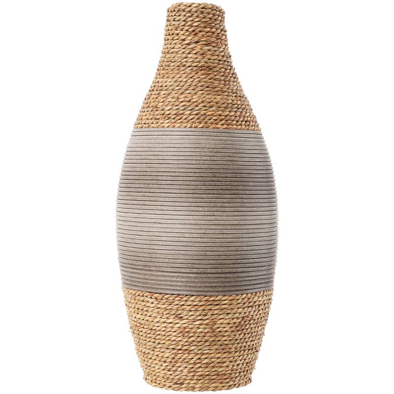 Brown Seagrass Handmade Teardrop Wrapped Decorative Vase with Layered Gray Paneling