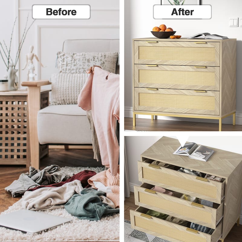 Anmytek Modern 3-Drawer Wood Rattan Dresser Chest of Drawers Storage Cabinet for Bedroom Living Room