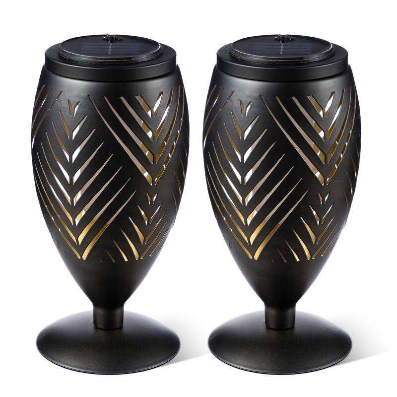 Glitzhome 8.75"H Set of 2 Black Metal Cutout Geometric Pattern Solar Powered Outdoor Lantern with LED Light