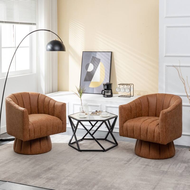 SEYNAR Mid-Century Swivel PU Leather Tufted Round Accent Barrel Chair set of 2 - Brown