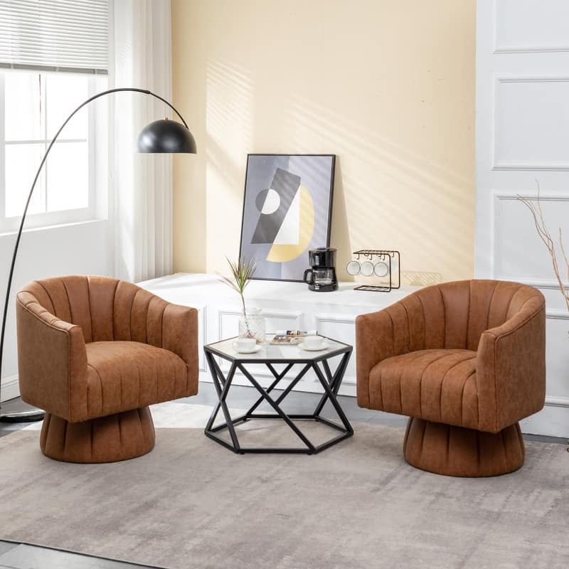 SEYNAR Mid-Century Swivel PU Leather Tufted Round Accent Barrel Chair set of 2