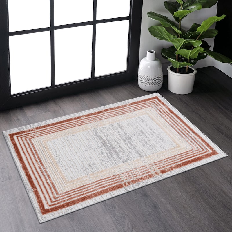 LOOM & LUXE Collection Brown/Ivory/Bordered Non-Shedding Area Rug