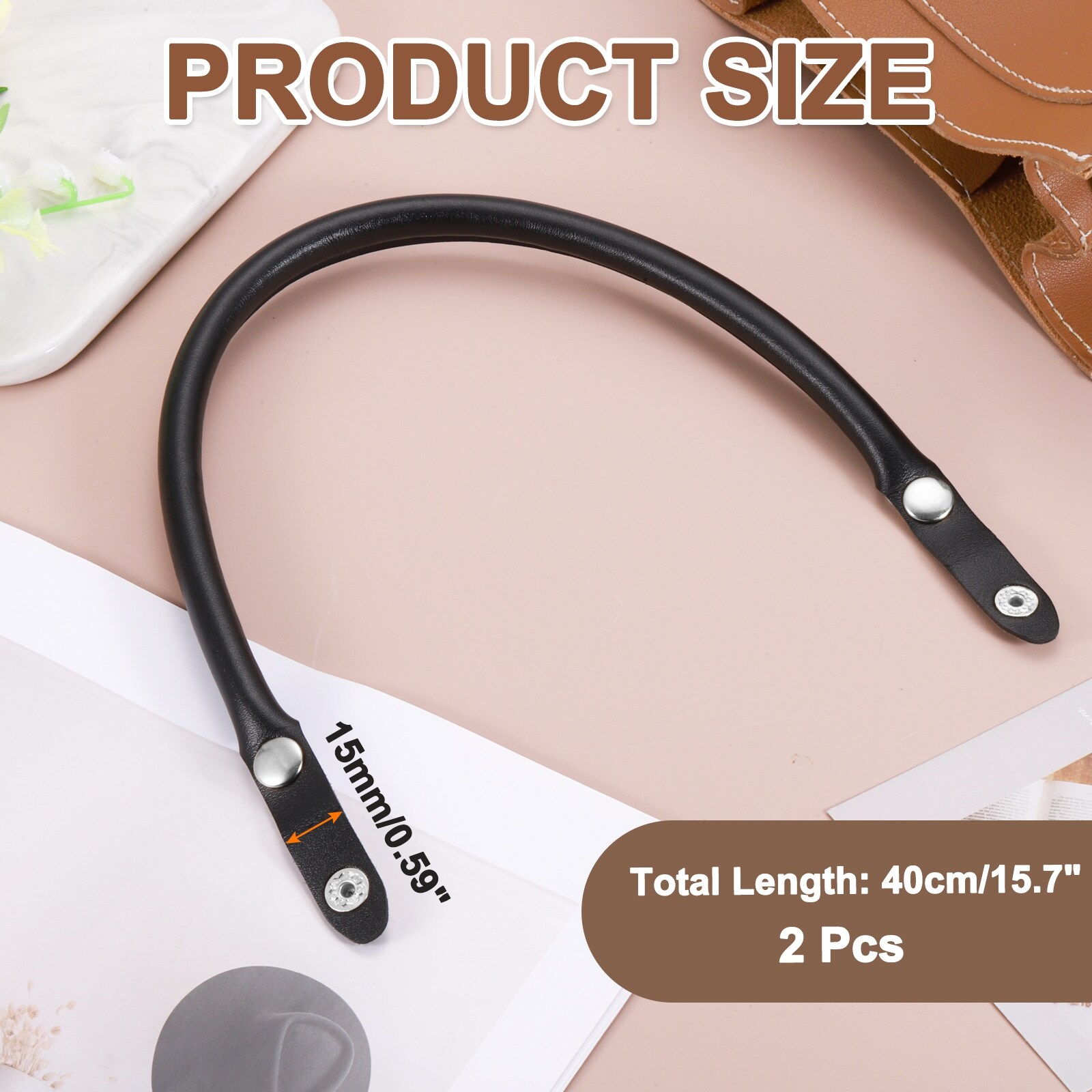 2Pcs Leather Purse Handles, 0.6" x 16" Bag Purse Straps with Gold Button, Black