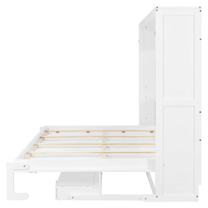 Foldable Wall Cabinet Bed Queen Size Hydraulic Lift Murphy Bed with Integrated Vanity Desk, Center Mirror and Side Drawers