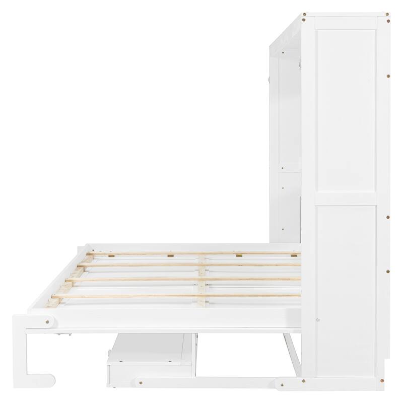 Queen Size Hydraulic Lift Murphy Bed with Vanity Desk and 2 Drawers, Solid Wood Wall Murphy Bed Cabinet, No Box Spring Needed