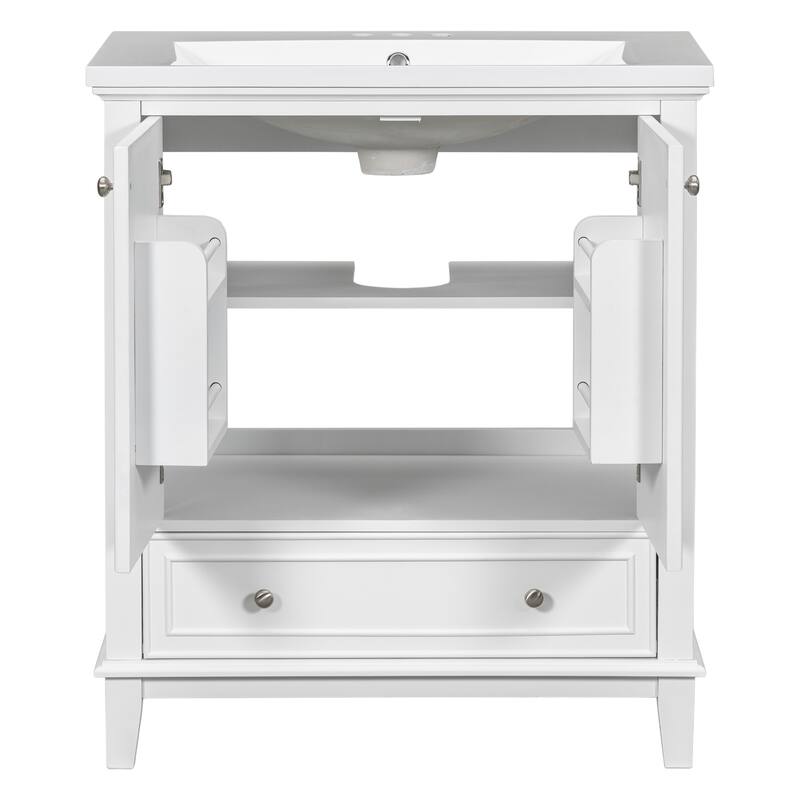 30'' Solid Wood Bathroom Vanity with Multifunctional Cabinet, Drawers, and Ceramic Sink