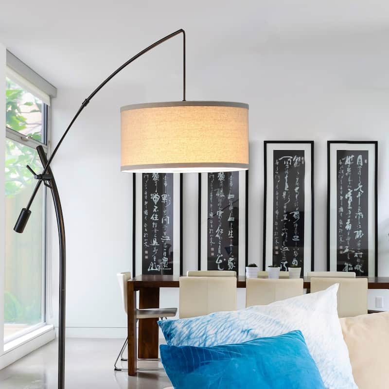 Brightech Grayson 84 in. Mid-Century Modern Height Adjustable LED Floor Lamp with Beige Fabric Drum Shade