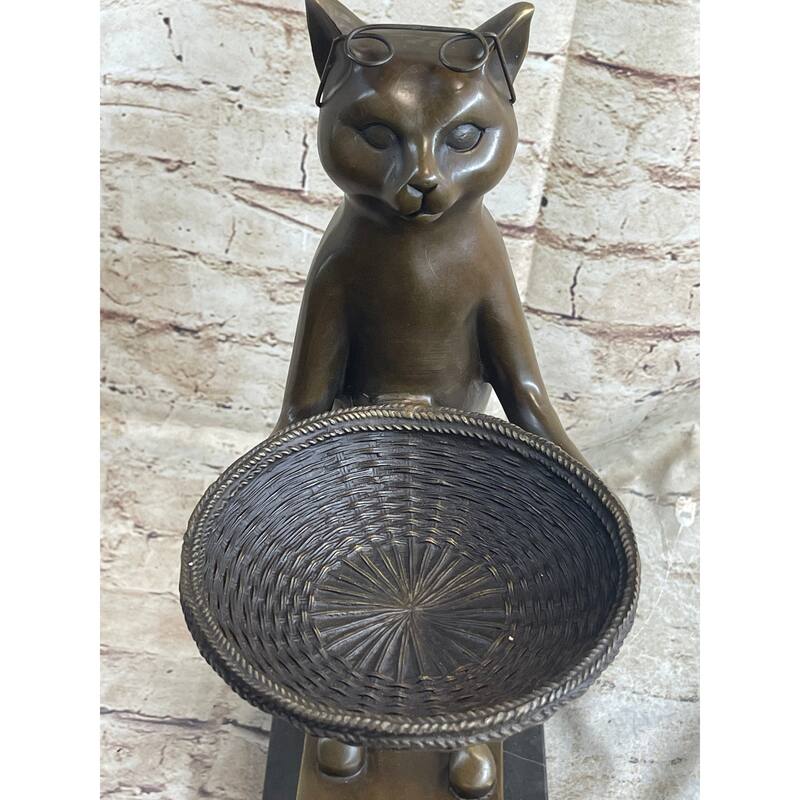 Standing Imitative Cat Business Card Holder Key Dish Bronze Sculpture Statue Figure Marble Base