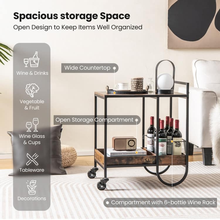Rolling Buffet Serving Cart with Removable Metal Wire Wine Rack-Brown - 24" x 17" x 29" (L x W x H)