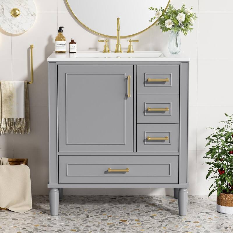 30" Bathroom Vanity with Ceramic Sink Combo, Soft-Close Door Bathroom Storage Cabinet with 3 Drawers