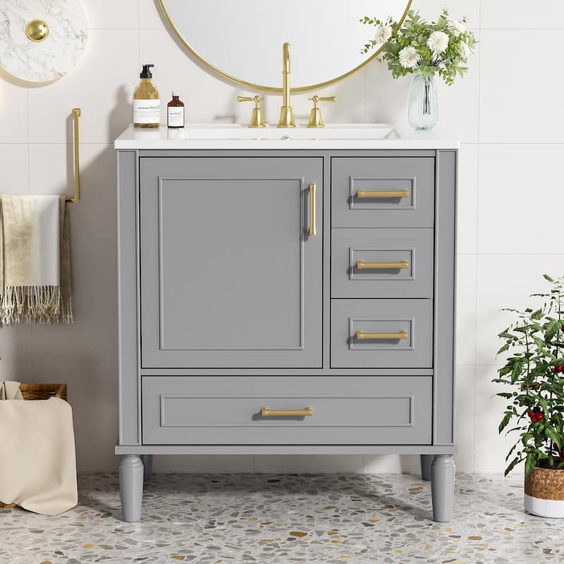 GDFStudio - Asa 30" Bathroom Vanity with Ceramic Sink, Soft-Close Door & Multiple Drawers - Grey