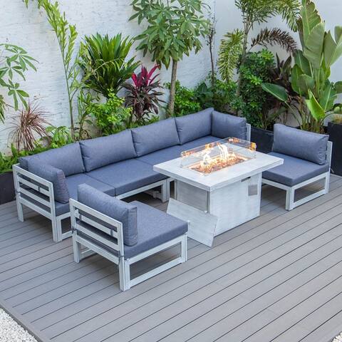 LeisureMod Chelsea 7-Piece Grey Patio Sectional With Fire Pit Table