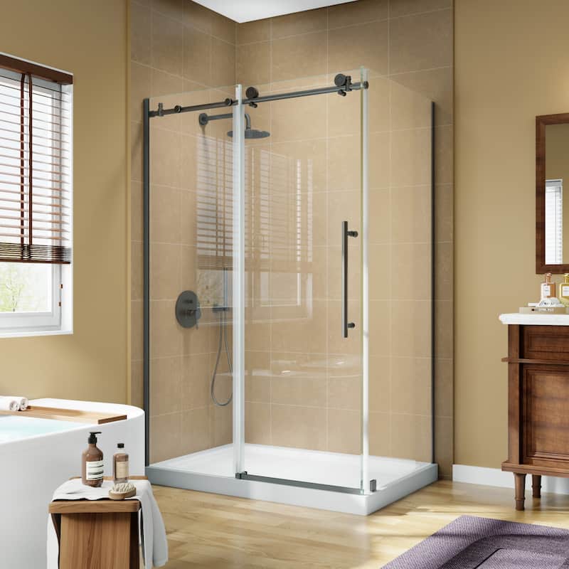 Modland 44-48" x 72'' Semi-Frameless Sliding Shower Enclosure - 3/8" SGCC Glass, Matte Black/Brushed Nickel