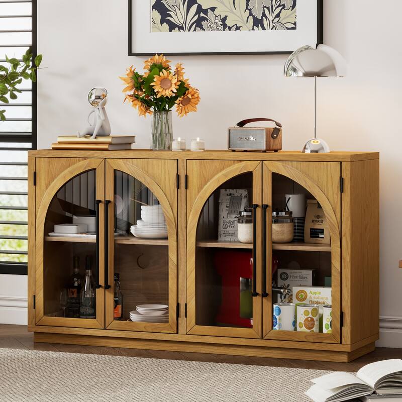 Retro Style Wood Buffet Sideboard with 4 Arched Glass Doors, Kitchen Storage Side Cabinet with Adjustable Shelves - Natural
