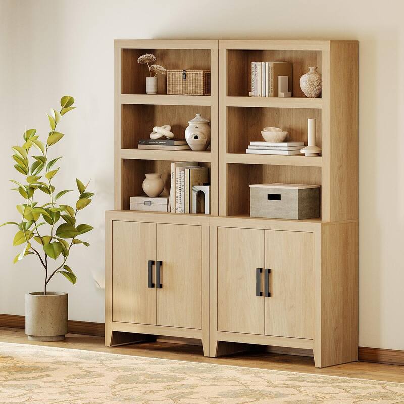 74" Tall Bookshelf with Door, Farmhouse Bookcase with Adjustable Shelf and Storage Cabinet for Living Room, Office - 62" Wide - Oak