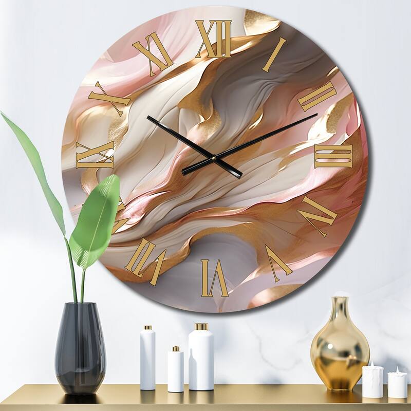 Designart "Subtle Serenity Liquid Art Gold Waves I" Abstract Shapes Oversized Wall Clock - 16 In. Wide x 16 In. High