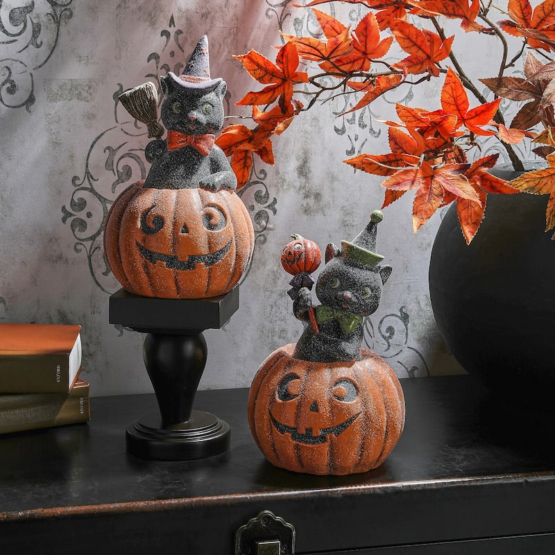 10.5" Paperpulp Black Cat with Pumpkin Set of 2