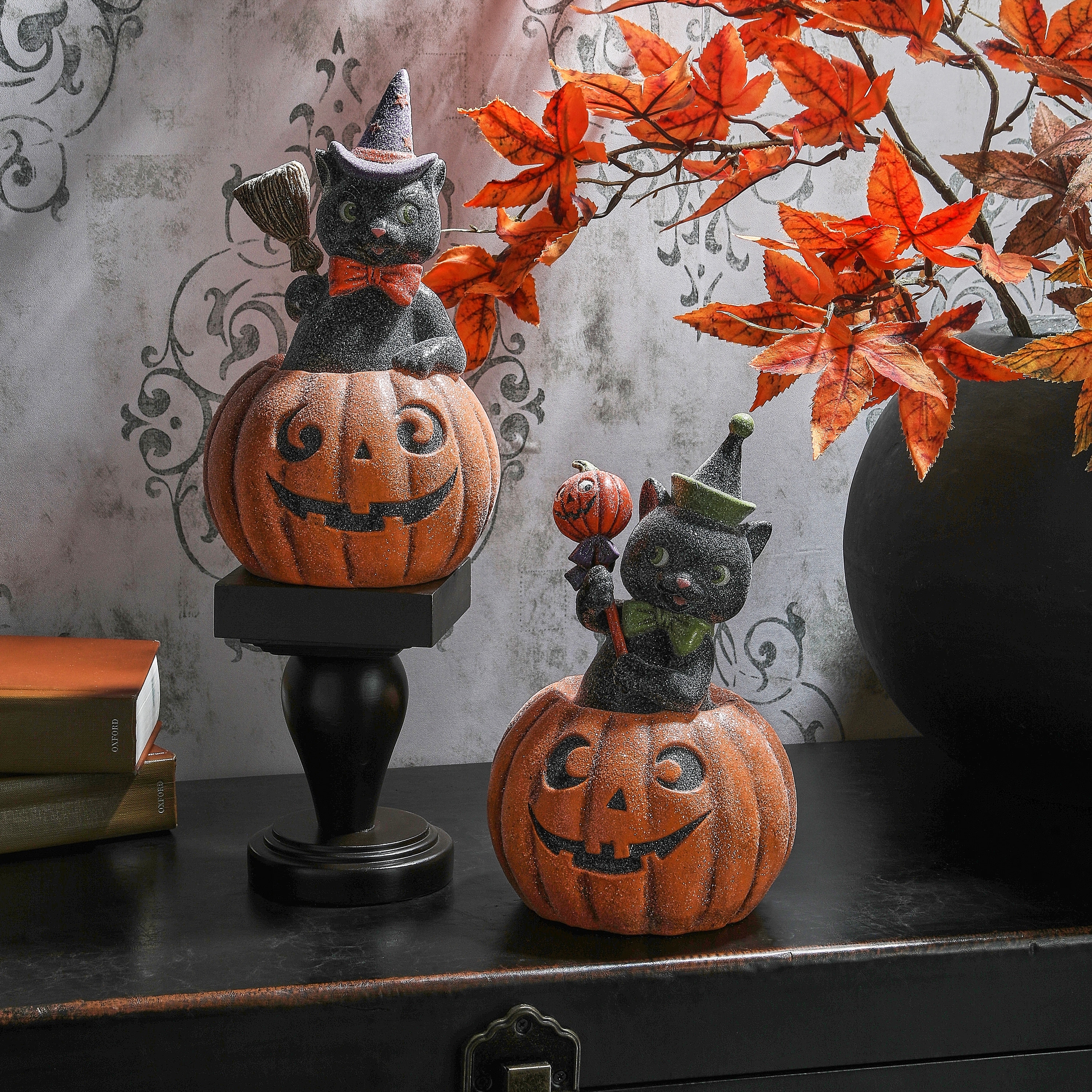 10.5" Paperpulp Black Cat with Pumpkin Set of 2