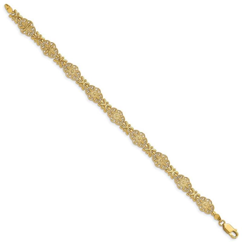 Curata 14k Yellow Gold Textured Polished Lobster Claw Closure Flower With Scalloped Edge Link Bracelet 7.5 Inch