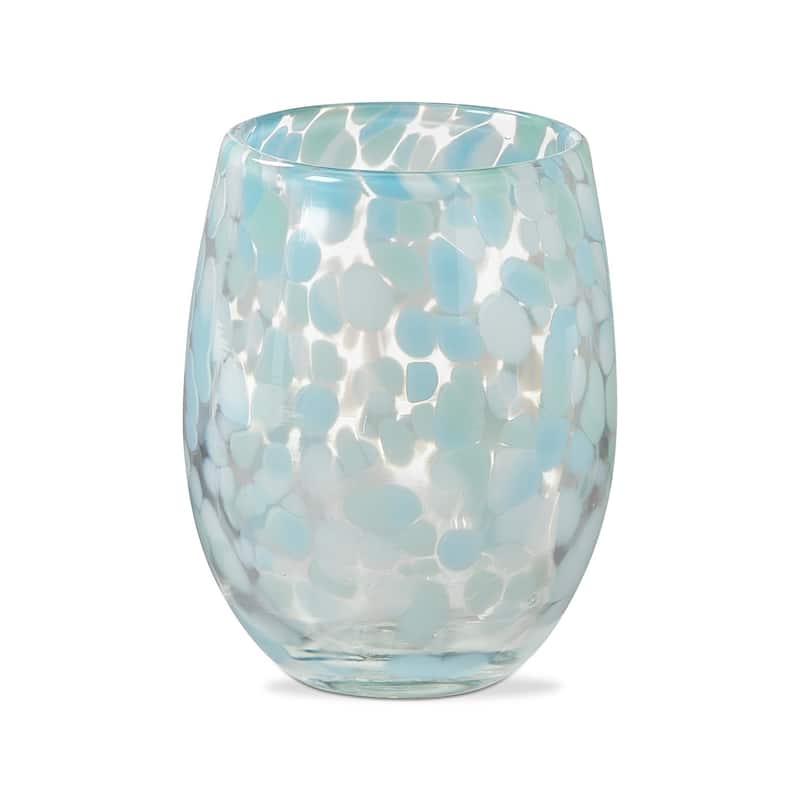 16 oz. Confetti Glass Stemless Wine Drinkware Aqua Blue and White Dishwasher Safe Beverage Glassware Dinner Party Wedding