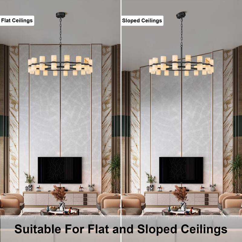 Modern Alabaster Glass Chandelier, Round or Linear Pendant Light with Up & Down Shades, D600-L1370, Copper or Black Finish