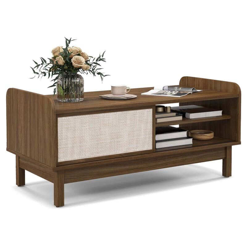 Costway Rectangular Coffee Table with Storage Weaving Sliding Door & - See Details - Walnut - See Details
