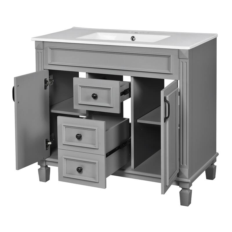 36'' Bathroom Vanity with Top Sink, Freestanding Vanity Set with Mirror Cabinet