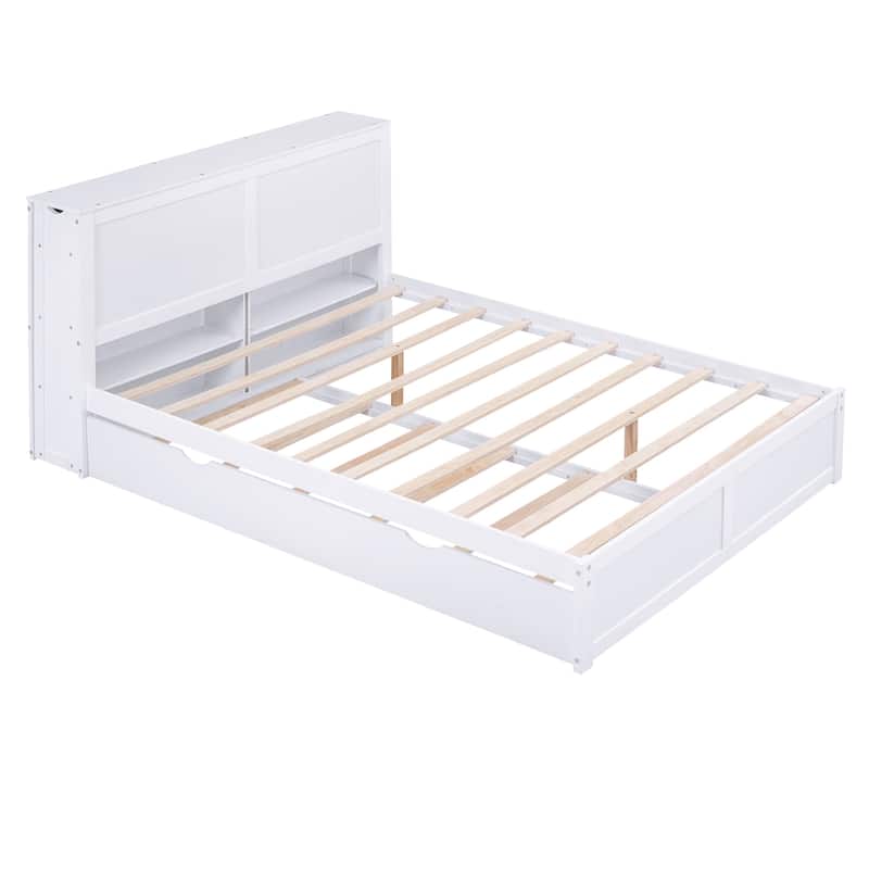 Queen/Full Platform Bed with Twin XL Trundle and Pull-Out Storage Shelves