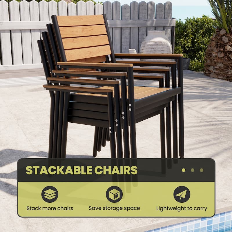 9-Piece Set Outdoor Aluminum Dining Table with Umbrella Hole and Stackable Dining Chairs