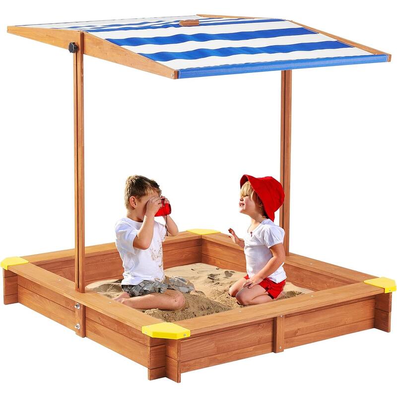 Kids Sandbox with Adjustable Cover, 46'' Wooden Sand Box with 2 Foldable Bench Seats, Outdoor Sandpit for Backyard Play
