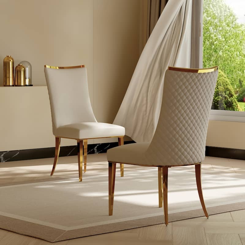 White Velvet Dining Chairs with Hammered Finish Metal Legs - White - Set of 2