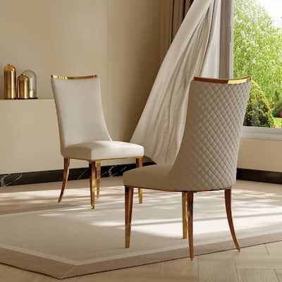 Glam White Velvet Upholstered Dining Room Chairs with Polished Gold Metal Legs