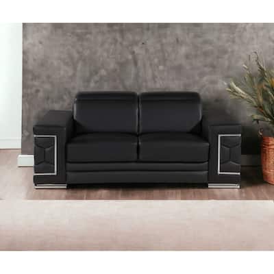 HomeRoots 71" Black And Silver Genuine Leather Loveseat - 71.00 in. x 29.00 in. x 41.00 in.