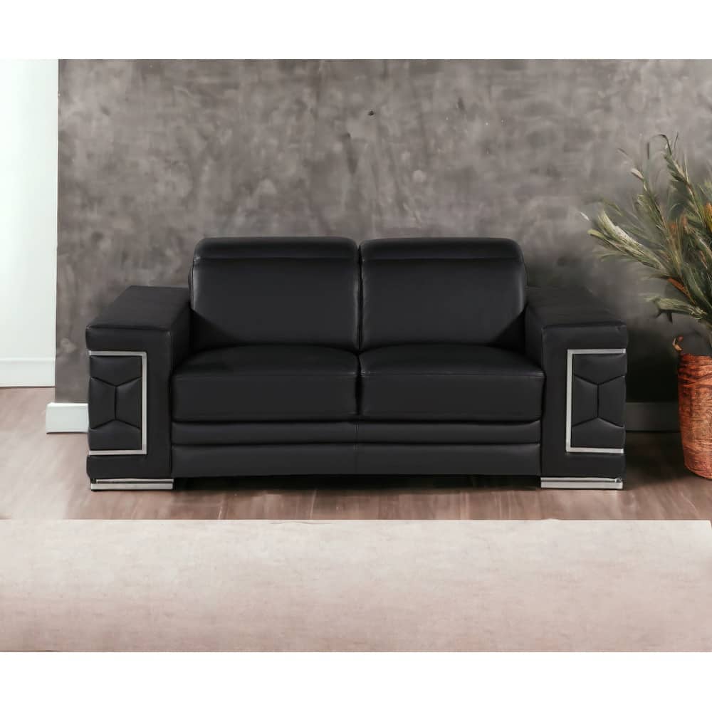 HomeRoots 71" Black And Silver Genuine Leather Loveseat - 71.00 in. x 29.00 in. x 41.00 in.
