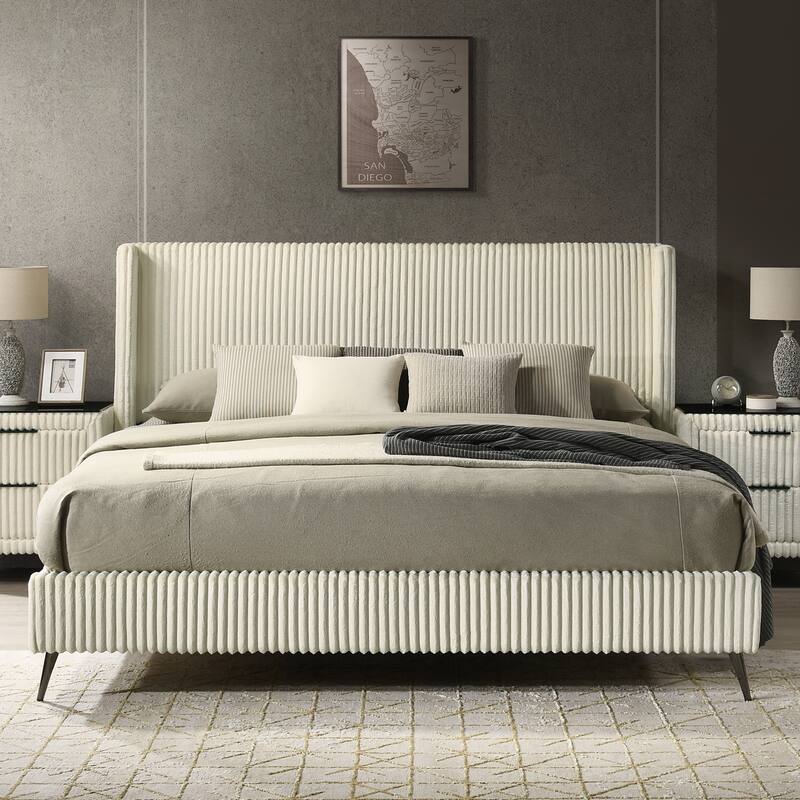 King Size Upholstered Panel Bed Set with 2 Nightstands and Wingback Headboard