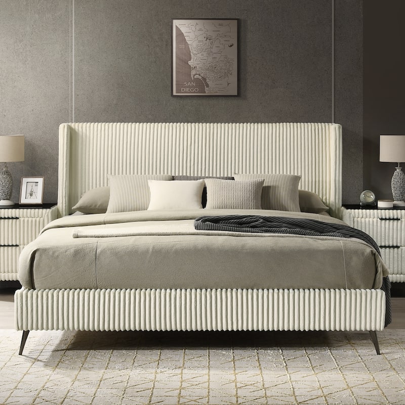 Roundhill Furniture Mavela Wide Wale Corduroy Upholstery Panel Bed, King Size