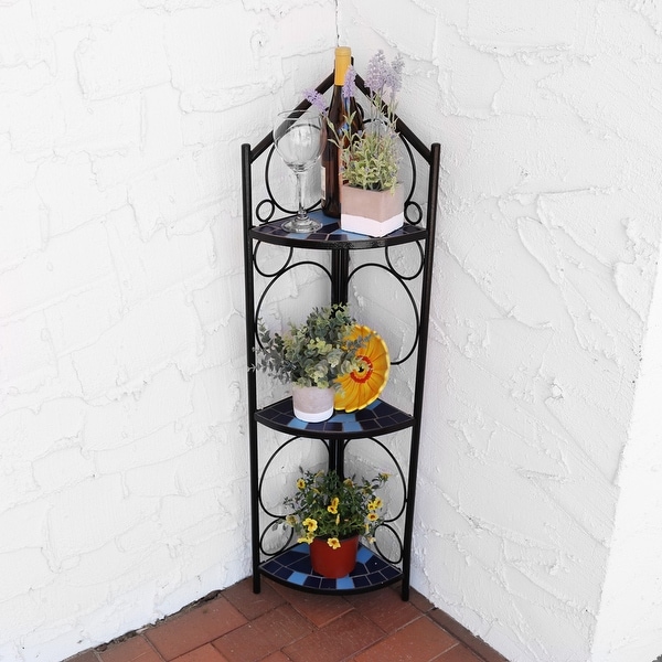 Sunnydaze 3-Tier Blue Mosaic Tiled Outdoor Corner Display Shelf - 44-Inch
