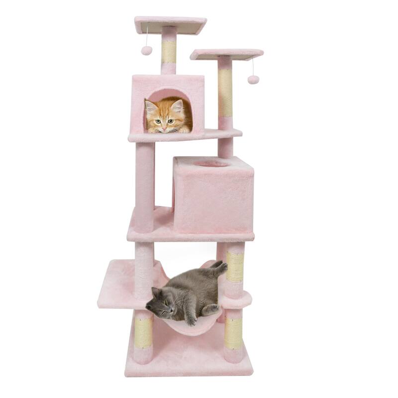 Gymax 57'' Cat Tree for Indoor Cats w/Dual Condos Hammock Sisal - Pink