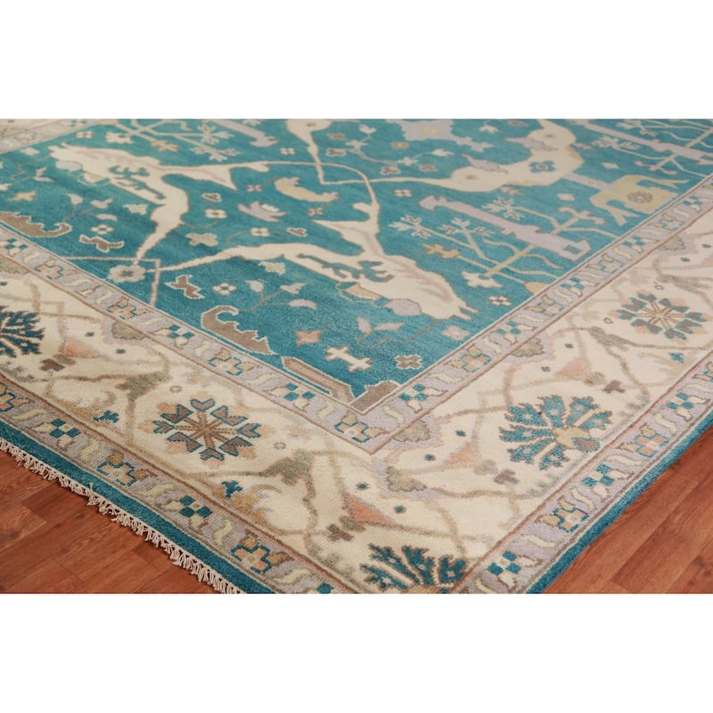 Teal Blue Oushak Indian Area Rug Hand-Knotted Wool Carpet - 9'2" x 11'11"