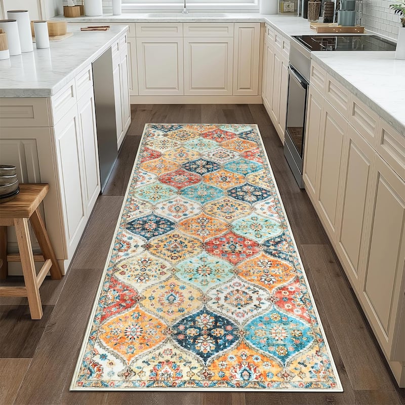 Rugs for Living Room Vintage Oriental Trellis Area Rug Soft Non Slip Low Pile Accent Rugs for Dining Room Office