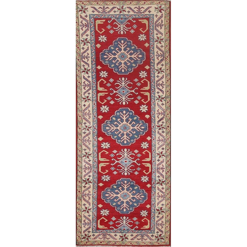 Hand Knotted Oriental 100% Wool Carpet Traditional Geometric Red Kazak Runner Rug - 8' 1'' X 2' 9''