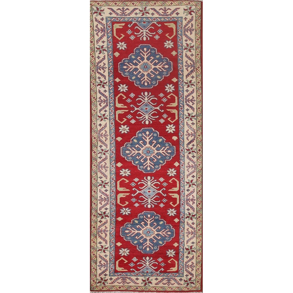 Hand Knotted Oriental 100% Wool Carpet Traditional Geometric Red Kazak Runner Rug - 8' 1'' X 2' 9''