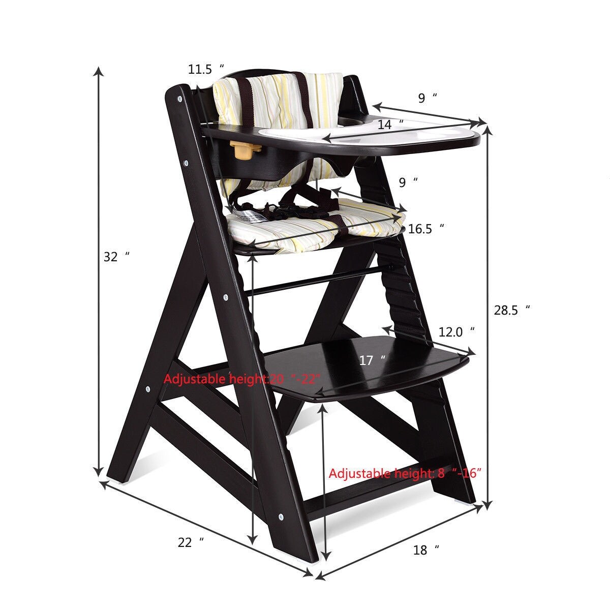 Shop Costway Baby Toddler Wooden Highchair Dining Chair Adjustable Height W Removeable Tray Dark Brown Overstock 23081677