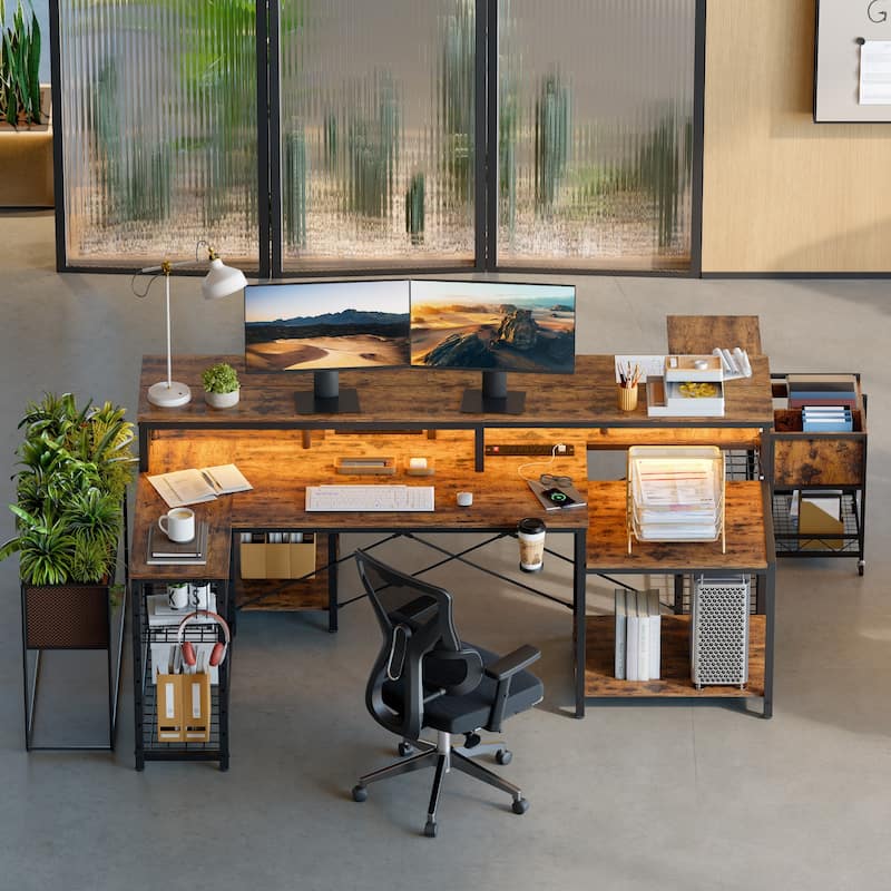 Bestier 71.5“” Computer Desk with Power Outlets, L Shaped LED Home Office Desk with Long Monitor Stand and Cup Holder & Hooks